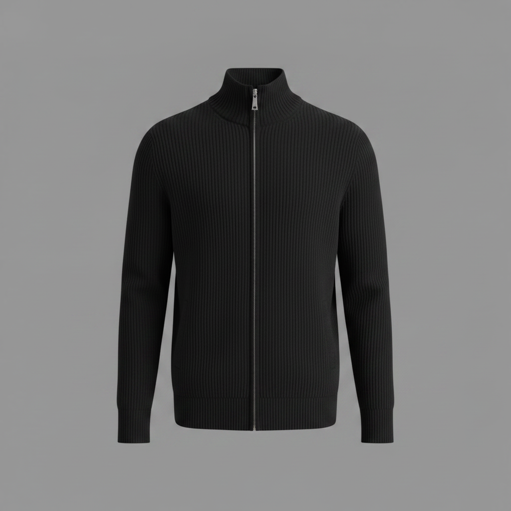 Men's Black Zip Up Cardigan | Slim Fit Ribbed Knit Sweater