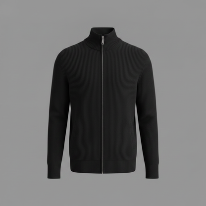 Men's Black Zip Up Cardigan | Slim Fit Ribbed Knit Sweater