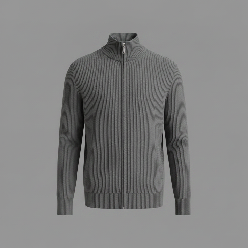 Men's Black Zip Up Cardigan | Slim Fit Ribbed Knit Sweater