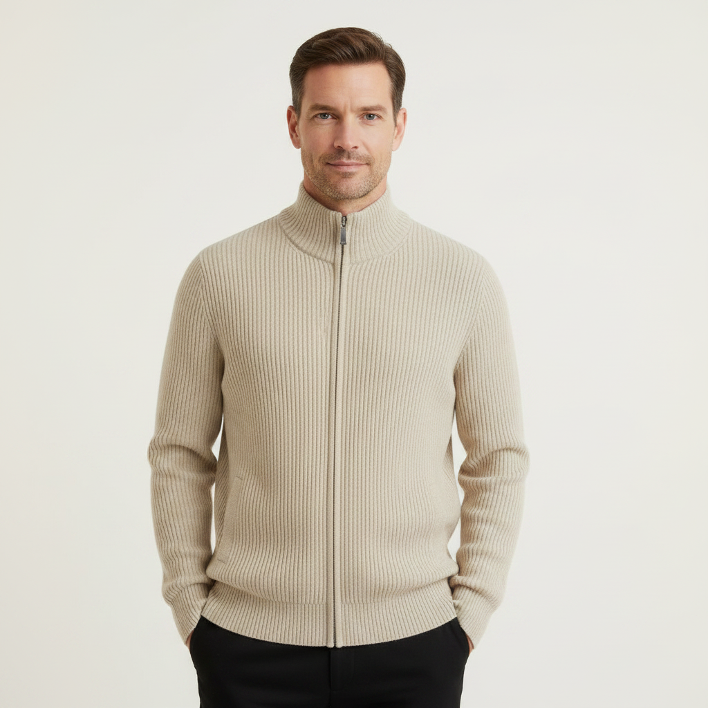 Men's Black Zip Up Cardigan | Slim Fit Ribbed Knit Sweater