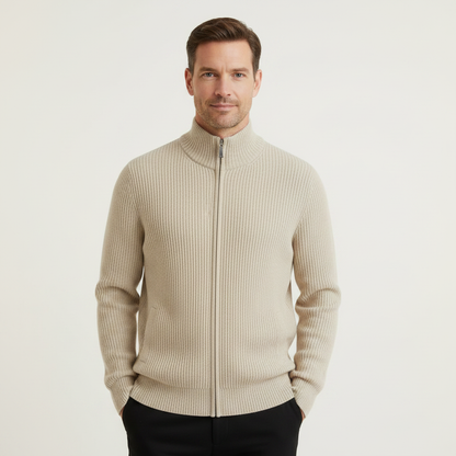 Men's Black Zip Up Cardigan | Slim Fit Ribbed Knit Sweater