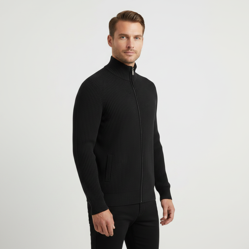 Men's Black Zip Up Cardigan | Slim Fit Ribbed Knit Sweater