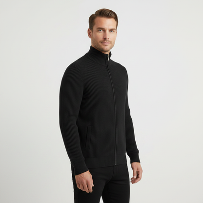 Men's Black Zip Up Cardigan | Slim Fit Ribbed Knit Sweater