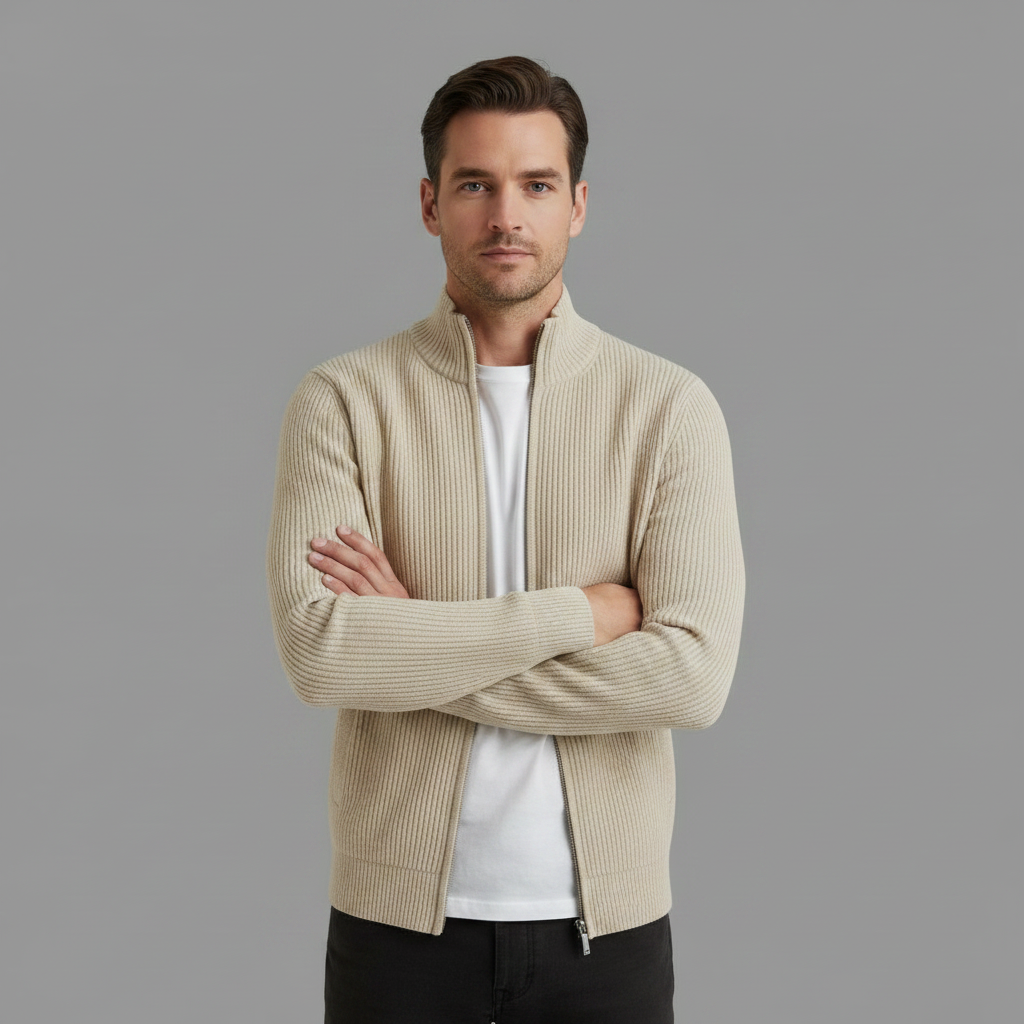 Men's Black Zip Up Cardigan | Slim Fit Ribbed Knit Sweater