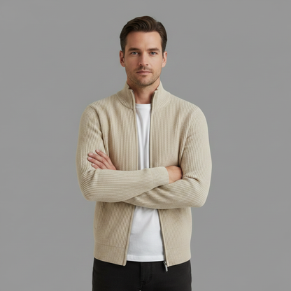 Men's Black Zip Up Cardigan | Slim Fit Ribbed Knit Sweater