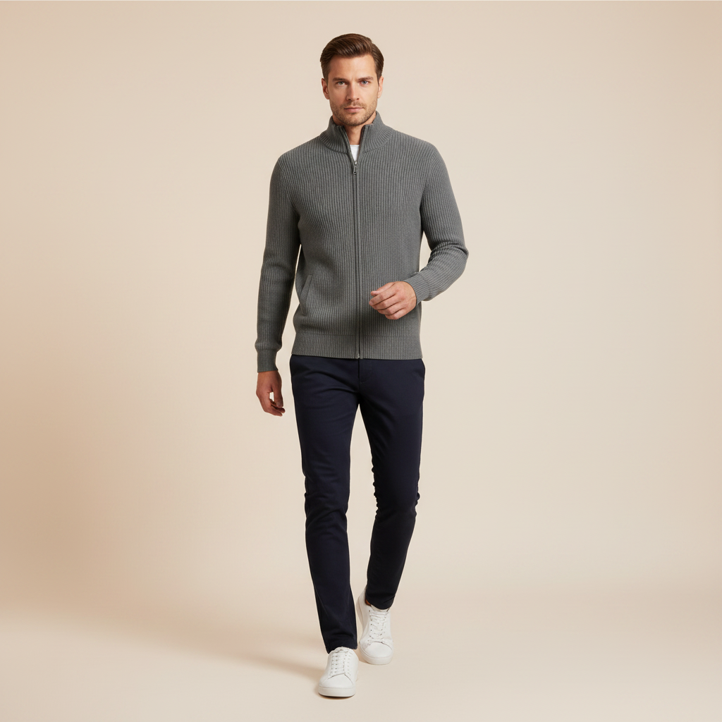 Men's Black Zip Up Cardigan | Slim Fit Ribbed Knit Sweater
