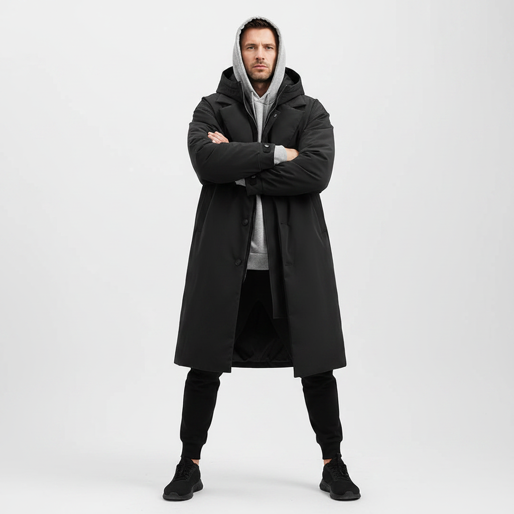 Men's Waterproof Puffer Trench Coat | Long Hooded Jacket