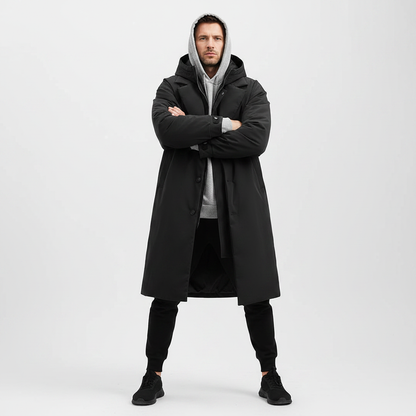 Men's Waterproof Puffer Trench Coat | Long Hooded Jacket