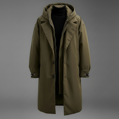 Men's Waterproof Puffer Trench Coat | Long Hooded Jacket