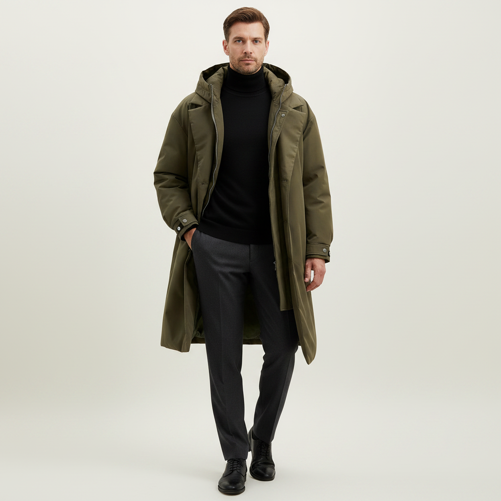 Men's Waterproof Puffer Trench Coat | Long Hooded Jacket
