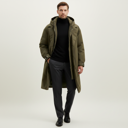 Men's Waterproof Puffer Trench Coat | Long Hooded Jacket