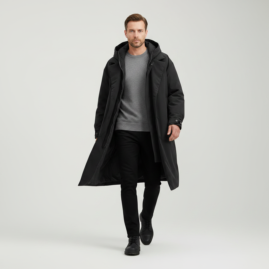 Men's Waterproof Puffer Trench Coat | Long Hooded Jacket