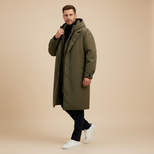 Men's Waterproof Puffer Trench Coat | Long Hooded Jacket