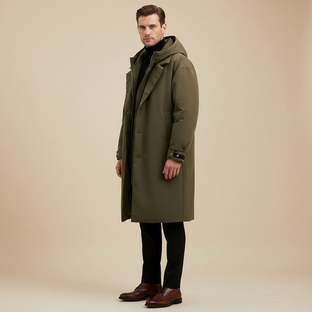 Men's Waterproof Puffer Trench Coat | Long Hooded Jacket